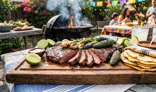 A rich platter of grilled Carne Asada steak sliced on a heavy wooden board, Juicy charred skirt steak topped with grilled spring onions (cebollitas), charred jalapeno peppers, lime halves, and warm co