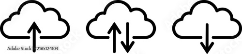 A minimalist black and white vector icon set featuring cloud symbols with arrows indicating upload download and synchronization data transfer processes