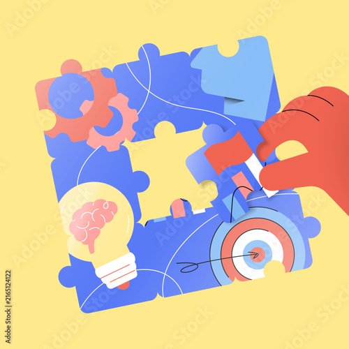 Completing puzzle pieces for business success and growth flat illustration