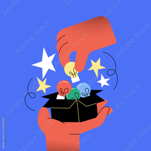 Creative idea selection and innovation with hands, light bulbs collection flat illustration