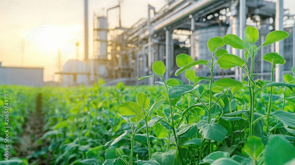 Fototapeta premium Green plant growing in industrial agriculture field at sunset time