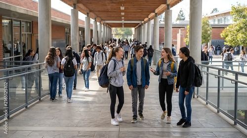Group of happy high school students walking together outdoors on school campus walkway