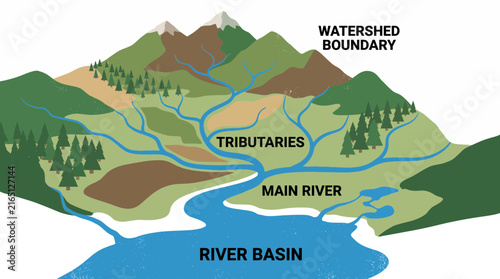 Diagram of a Watershed Draining Into a River Basin