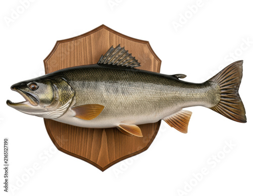 Taxidermy trout mount on wooden shield plaque cut out on transparent background