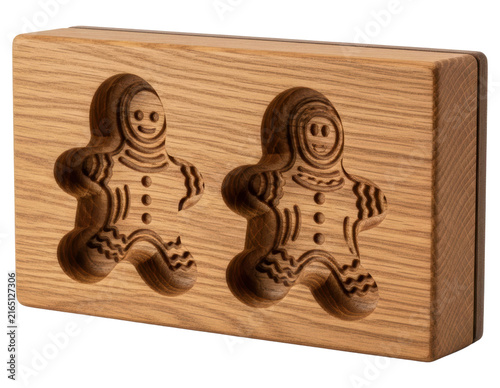 Wooden gingerbread man cookie mold for holiday baking on a transparent background