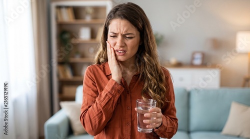 Young woman sitting in living room suffering from intense toothache holding cheek with glass of water for dental care and medicine advertisement for tooth pain relief