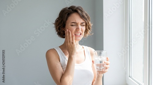 Young woman grimacing from sudden tooth sensitivity while drinking cold water in bright home setting illustrating common dental problems and oral hygiene awareness