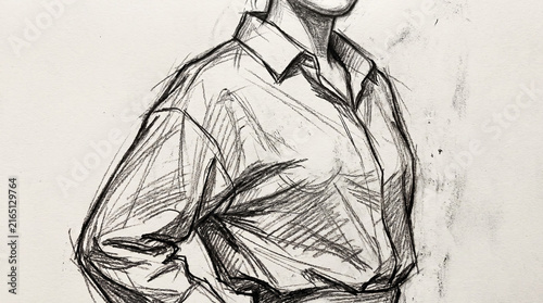 Hand Drawn Charcoal Pencil Sketch of Person Wearing Loose Button Up Shirt