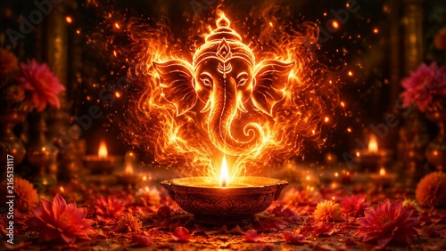 Ganesha figure formed from flames above lit oil lamp
