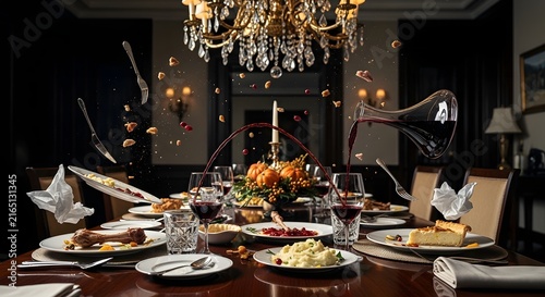 Surreal Floating Gourmet Dinner Party with Levitating Food and Red Wine in a Luxury Dining Room with a Crystal Chandelier