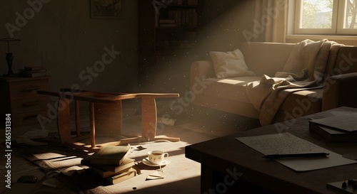 Sunlight Streaming Into a Cozy Living Room with a Disordered Table and Scattered Books in a Warm Atmospheric Interior Setting