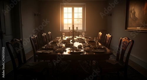 Elegant Dining Room with Long Wooden Table and Warm Sunlight Streaming Through a Window