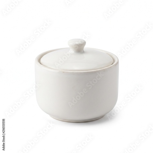 Classic white ceramic sugar bowl with lid and knob isolated on white background