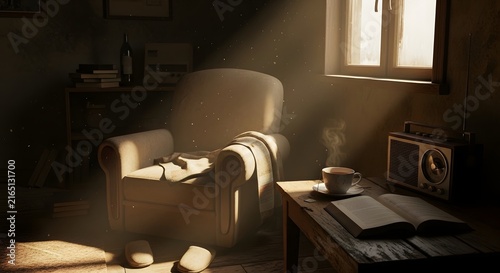 Cozy interior living room with an armchair, steaming coffee cup, open book, and old radio in warm sunlight