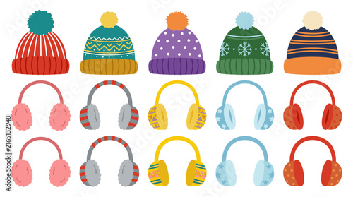 Colorful Winter Hats and Earmuffs Set Illustration