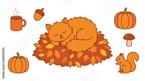 Cozy Autumn Cat Sleeping on Colorful Leaves with Seasonal Elements