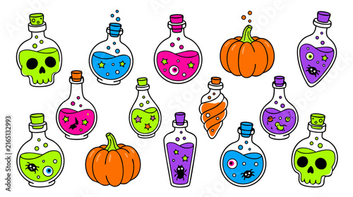 Halloween themed Potion Bottles and Pumpkins Illustration Set