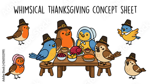 Whimsical Cartoon Birds Celebrating Thanksgiving Feast
