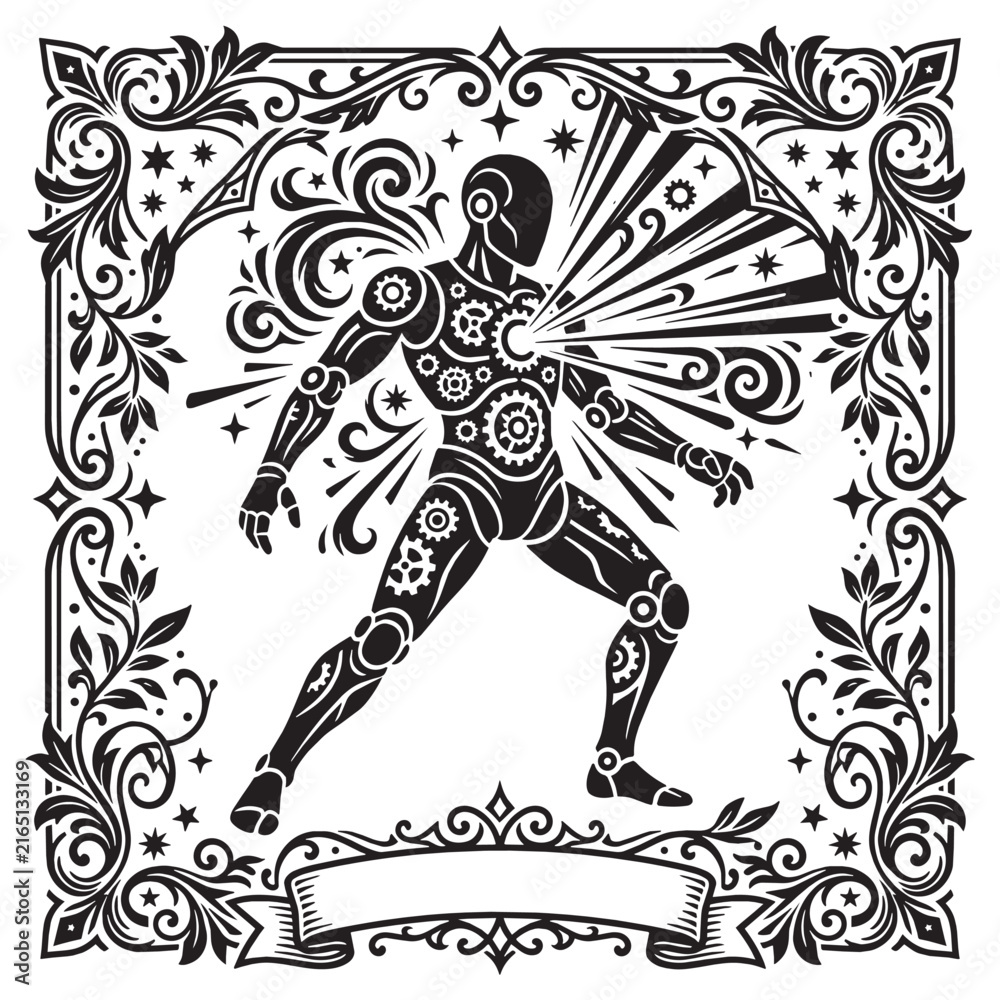 Fototapeta premium Mystical Esoteric Tarot Card Illustration of a Steampunk Clockwork Automaton Robot with Ornate Border and Occult Symbols