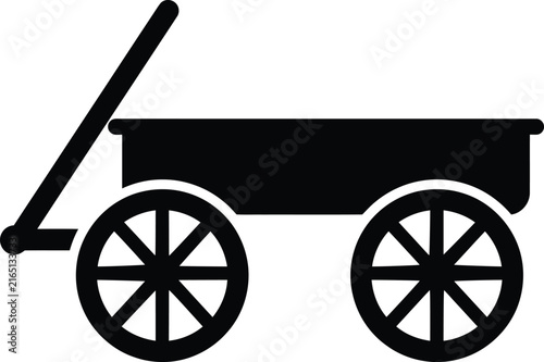 A simple black silhouette vector illustration of a classic children toy wagon with four wheels and a long pull handle attached