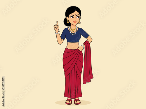 Foto Indian Woman in Traditional Red Saree Pointing Finger Vector Illustration