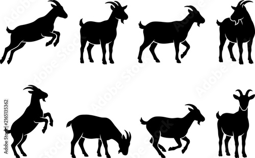 A collection of black silhouette goat icons presented as a clean vector illustration set featuring various poses of farm animals