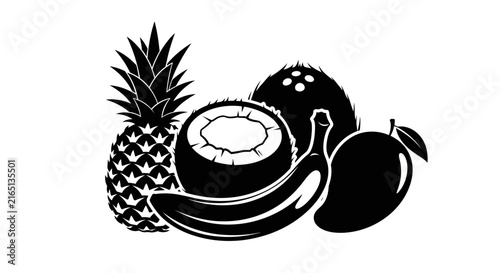 Black and white illustration of tropical fruit with illustration pineapple coconut coconut banana silhouette monochrome healthy graphic with mango