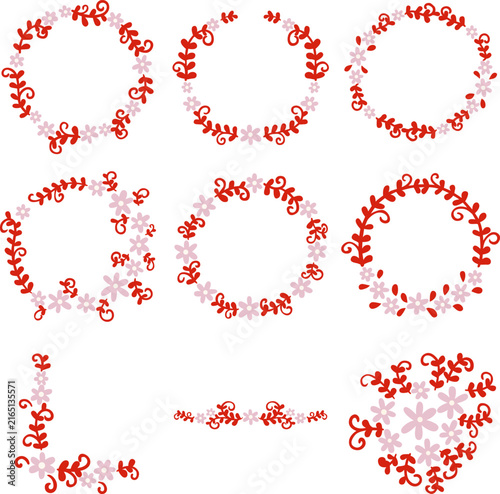 Pink Flower and Red Fern Wreath Vector Elements for Christmas, New Year,Valentine and Romance concept.