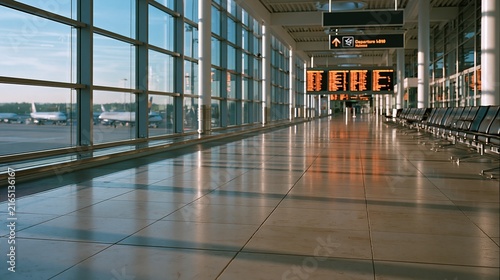 Modern airport terminal concourse with large windows overlooking tarmac and departure information display