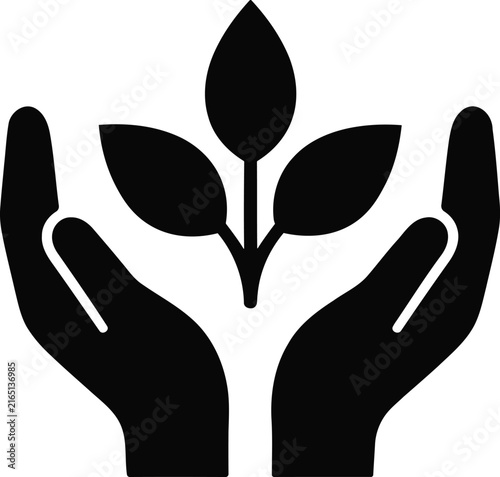 A minimalist black vector icon showing two human hands gently cupping a small growing plant representing sustainability and environmental nature protection