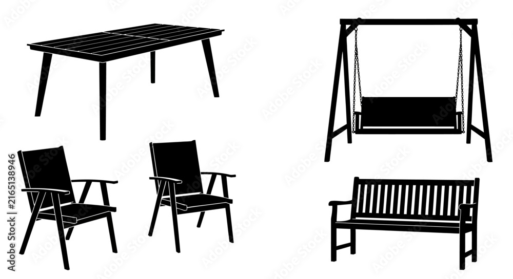 Fototapeta premium Black silhouettes of outdoor furniture set with arranged white background furniture including table chairs bench arranged swing two chairs with equipment
