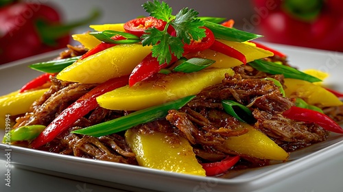 Shredded beef stir fry with mango slices and chili peppers during studio lighting on a plate