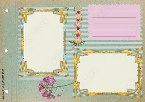 Photo album layout with empty photo frames. Scrapbook composition with floral elements. Page for stories. Page from an old photo album. Dried pressed flowers. For invitations und greetings.