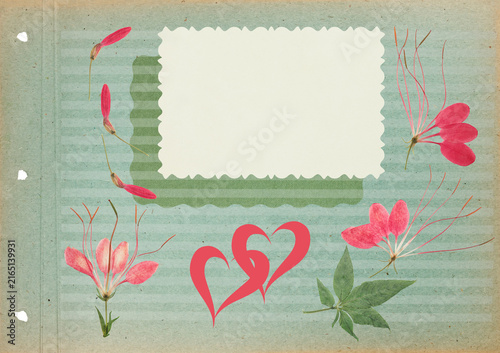 Page of memories. Photo album with empty photo frames. Scrapbook, floral elements. Page from old photo album. Dried pressed cleome or spider flower. Postcard, banner, poster, invitations, greetings.