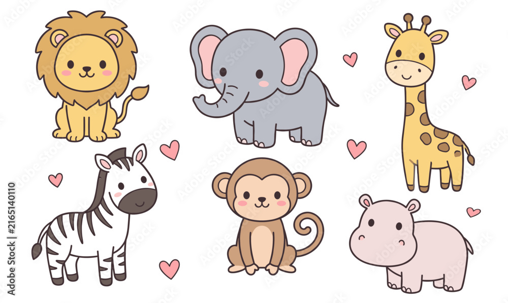 Fototapeta premium Cute safari animals cartoon set with jungle wildlife vector illustration isolated background