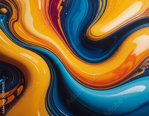 Abstract liquid paint swirling background with vibrant yellow, blue, and orange fluid marble texture, glossy acrylic resin art