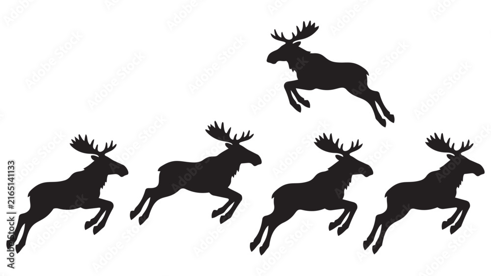 Fototapeta premium Moose Silhouette Running Sequence Vector Illustration - Leaping Deer Animal Motion Graphics for Nature Design