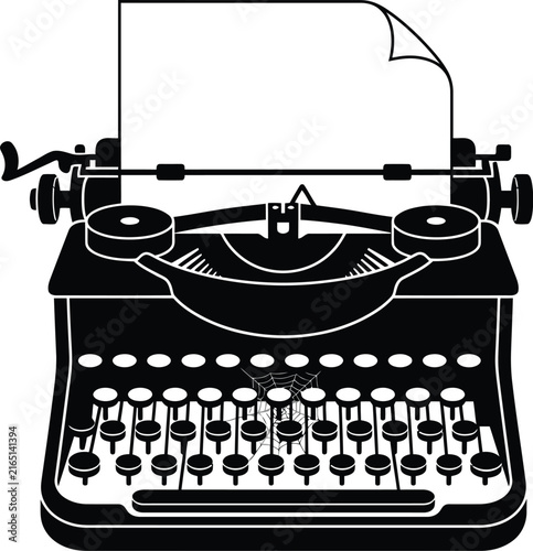 Vintage manual typewriter with paper loaded in black and white silhouette