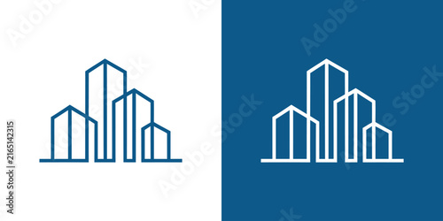 Modern city building icons with blue linear skyline elements.