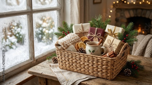 Cozy gift basket with wrapped presents on a snowy windowsill