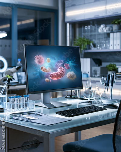 Microbiology workstation with abstract gut microbiome monitor sample tubes and pipettes showcasing premium biotech research