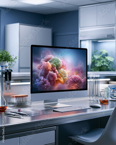 Microbiology workstation with abstract gut microbiome monitor sample tubes and pipettes showcasing premium biotech research
