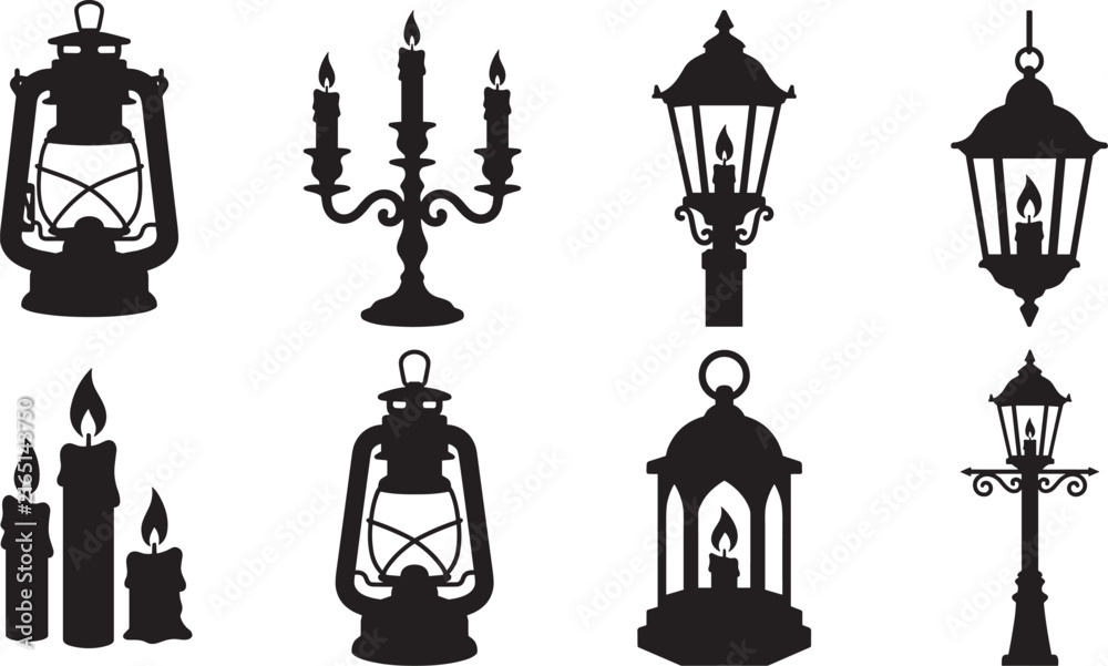 Naklejka premium Collection of Black Lantern and Candle Silhouettes Featuring Vintage Lighting, Street Lamps and Decorative CandelabraCollection of Black Lantern and Candle Silhouettes Featuring Vintage