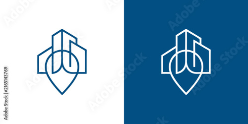 Urban building location pin real estate tech service logo.