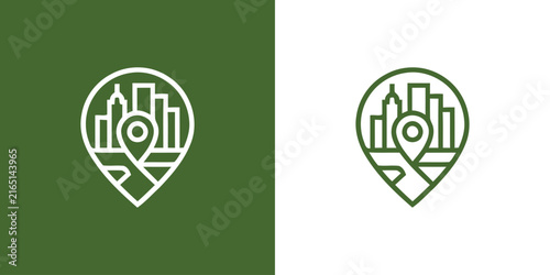 city skyline and map pin within location pin map symbol.