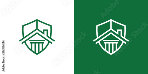 house and column within shield symbol for property protection.