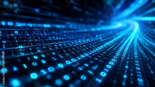 Binary data stream flowing along curved digital network pathway
