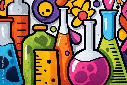 A vibrant and colorful illustration of laboratory glassware, beakers, and flasks filled with colorful liquids, creating a playful and educational visual.