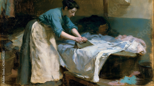 Impressionist oil painting of an exhausted laundress ironing in a cramped room