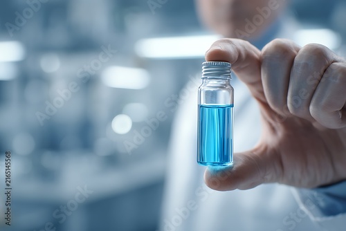 Scientist holding a vial of blue liquid in a laboratory environment, conducting research and analysis.